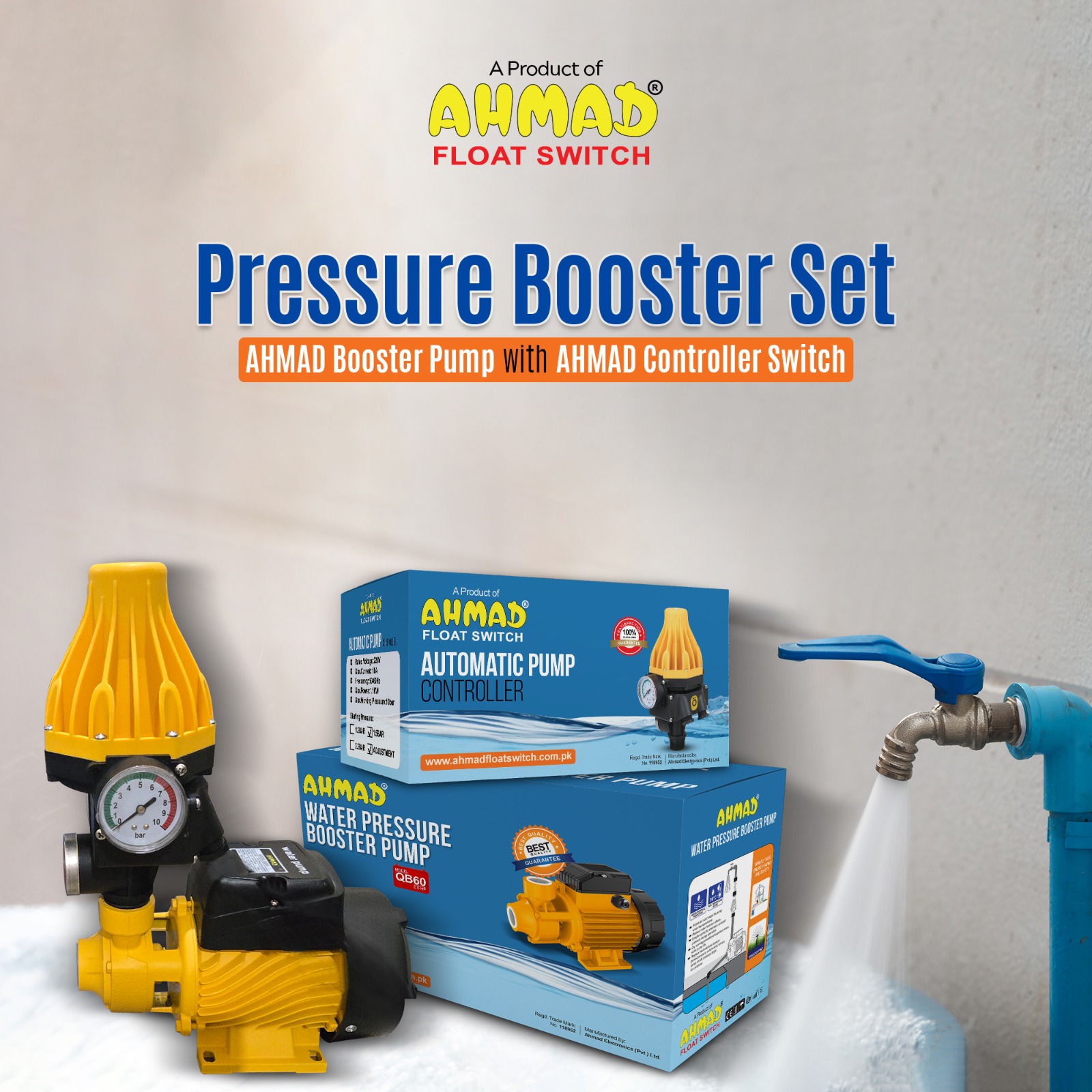 Water Pressure Booster Pump Plus Controller Set – Automatic ON/OFF, High Pressure, Long Life
